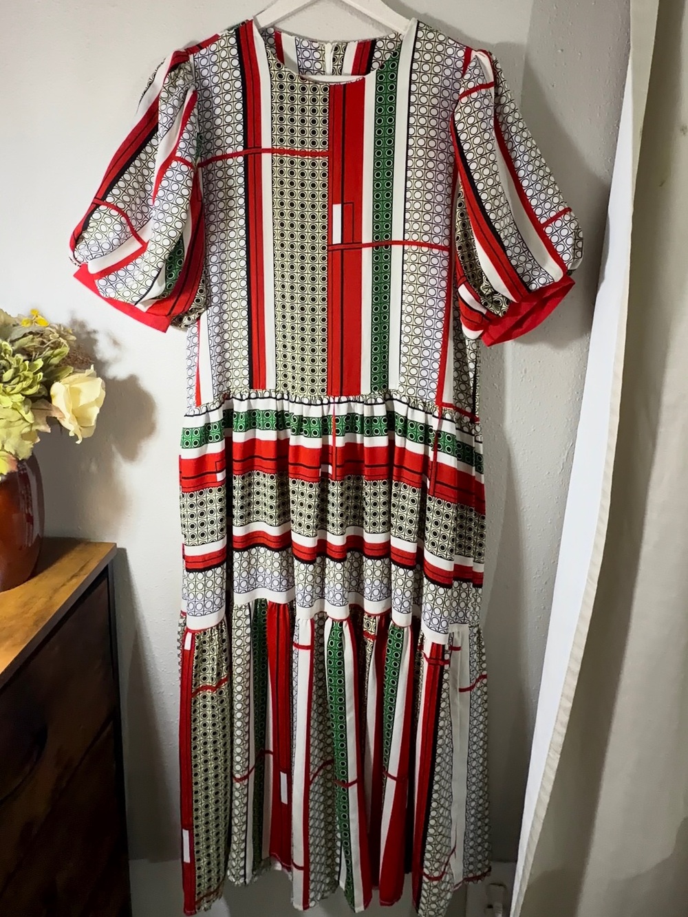 Striped Red, Green & White Tiered Women's Dress